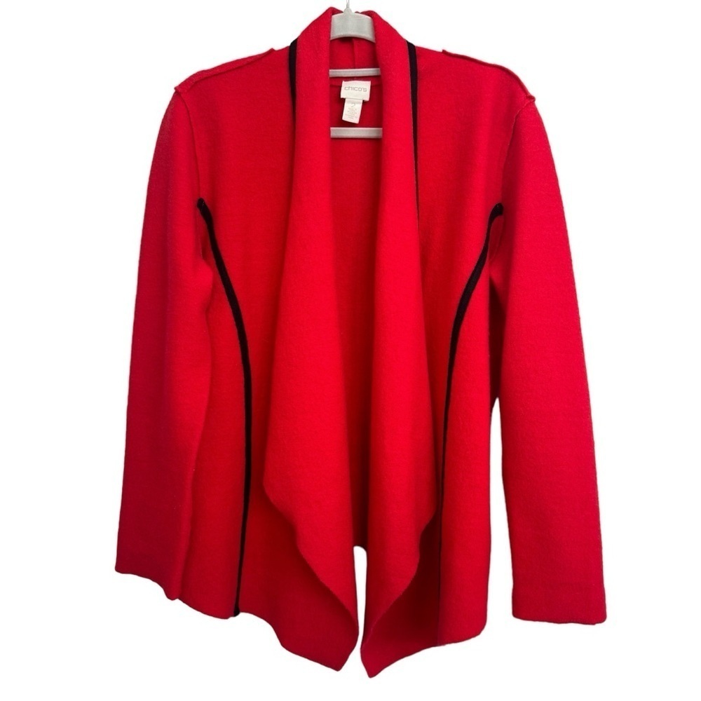 Chico’s Women’s Trimmed Traci Drape-front Cardigan Solid Red Wool Size 2 Sweater